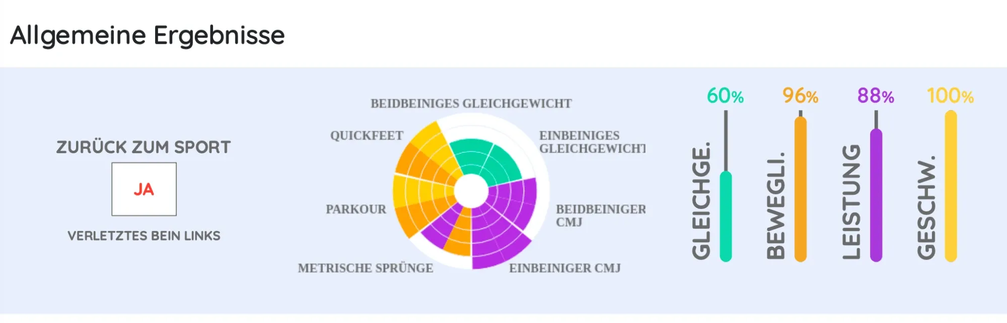 Return to Sport result, injured left leg: return to sport – yes. Balance 60, mobility 96, power 88, speed 100 per cent